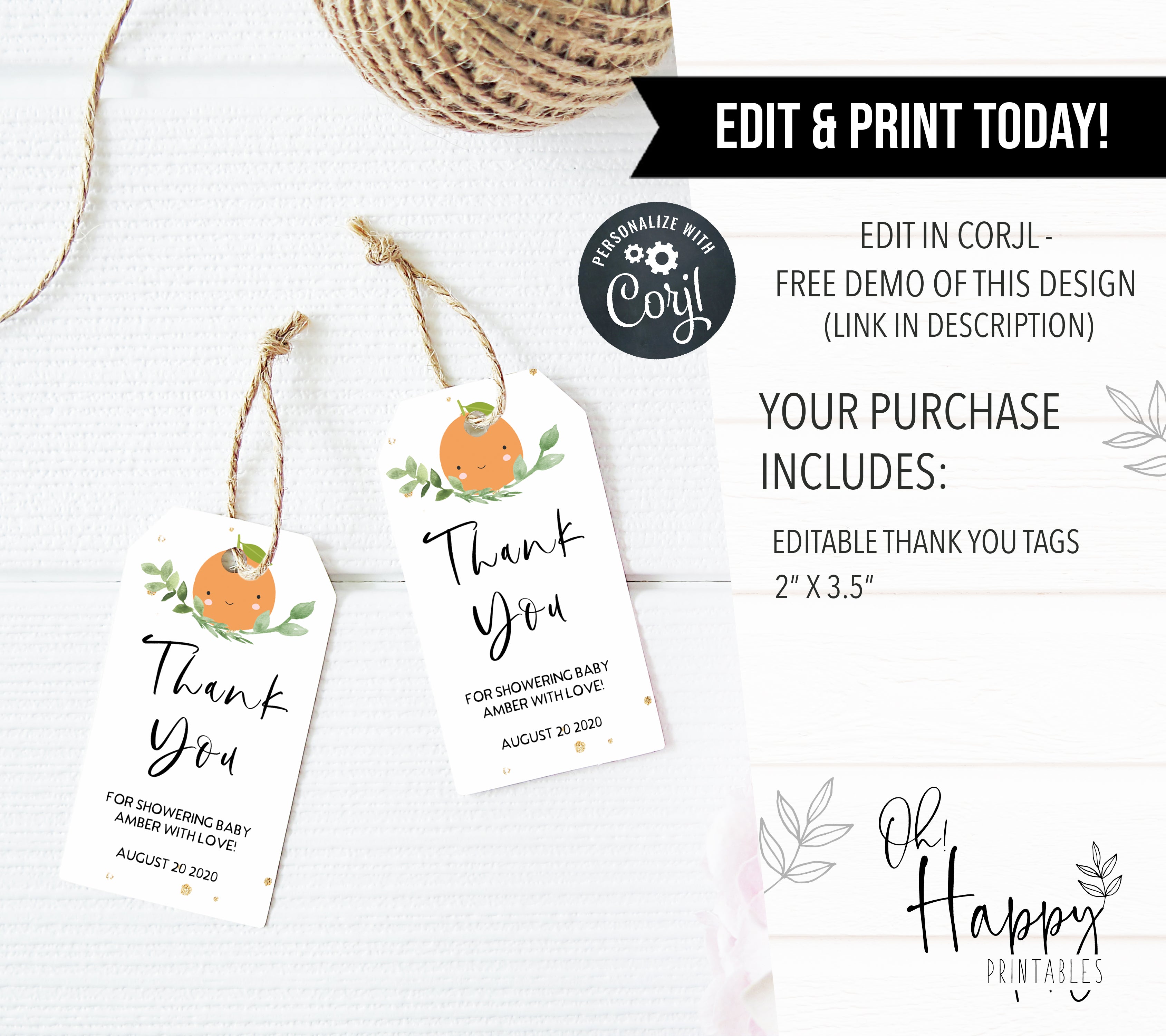 editable little cutie baby thank you tags, printable baby thank you cards, baby shower thank you tags