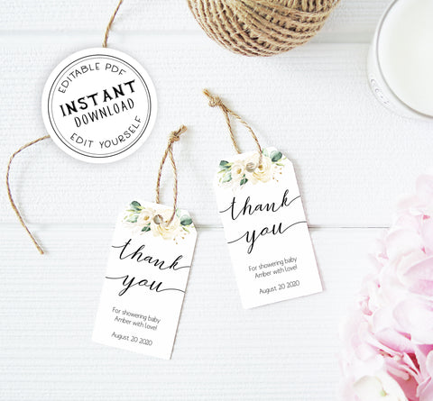 editable thank you tags, White floral baby decor, printable baby table signs, printable baby decor, baby botanical table signs, fun baby signs, baby white floral fun baby table signs