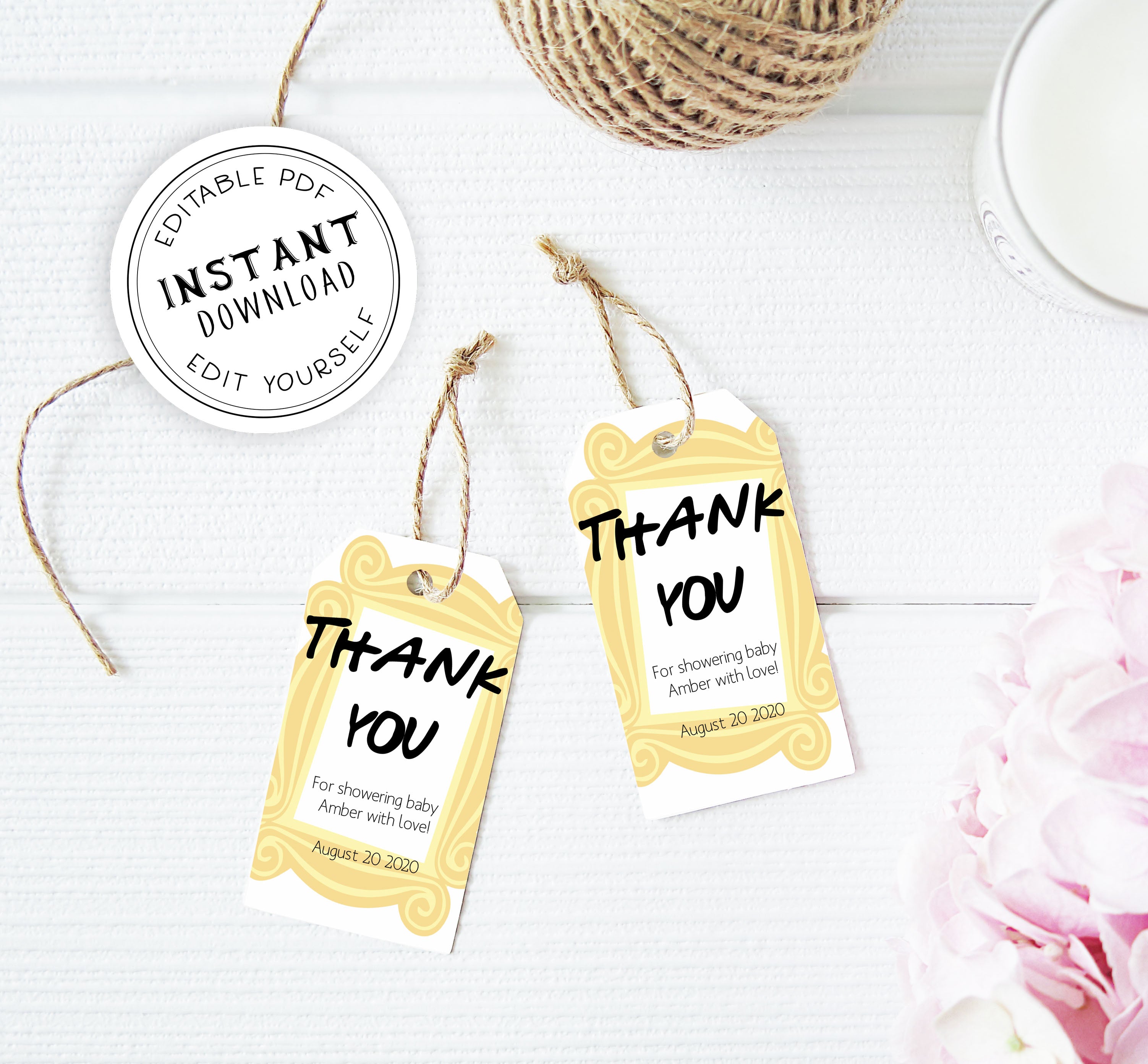 friends baby shower thank you tags, printable baby shower tags, editable baby shower tags, friends baby shower ideas, fun baby shower tags