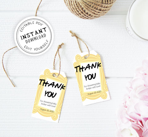 friends baby shower thank you tags, printable baby shower tags, editable baby shower tags, friends baby shower ideas, fun baby shower tags