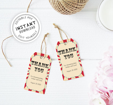 baby shower thank you tags, printable baby thanks you tags, editable baby thank you tags, circus baby shower tags, carnival baby shower thank you tags