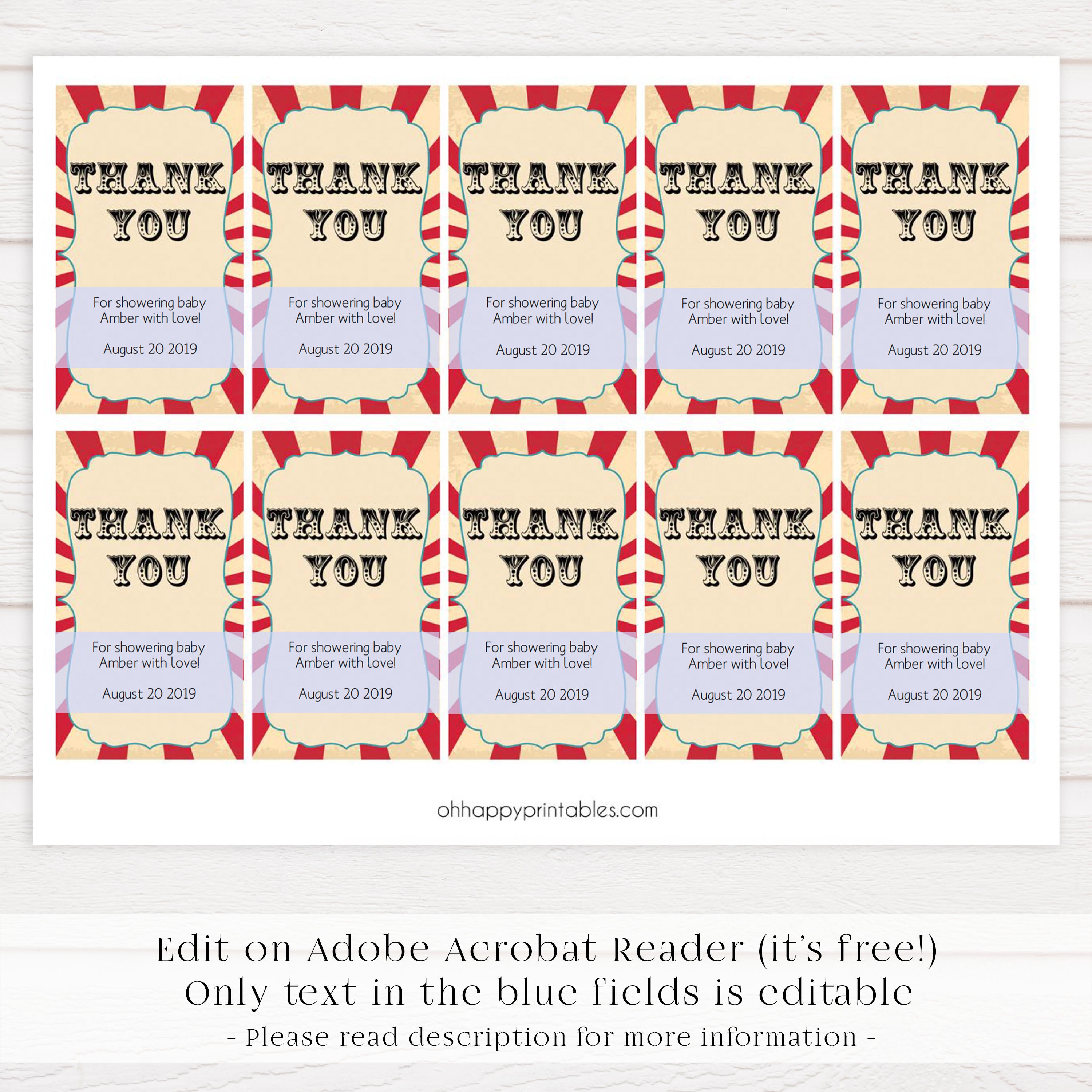 baby shower thank you tags, printable baby thanks you tags, editable baby thank you tags, circus baby shower tags, carnival baby shower thank you tags