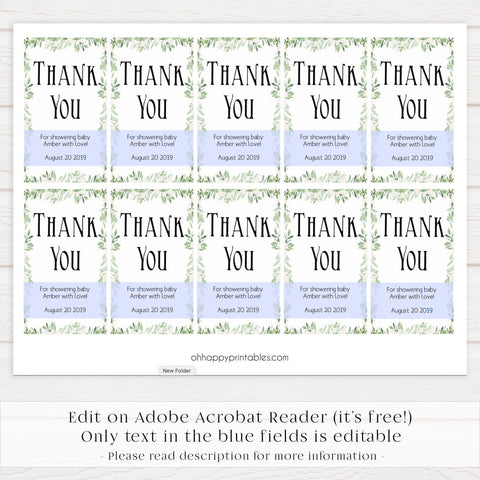 baby shower thank you tags, editable baby thank you tags, printable baby thank you tags, greenery baby thank you tags, botanical baby thank you tags
