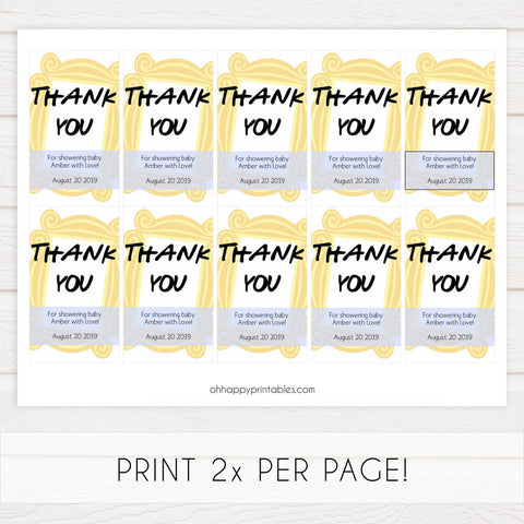 friends baby shower thank you tags, printable baby shower tags, editable baby shower tags, friends baby shower ideas, fun baby shower tags