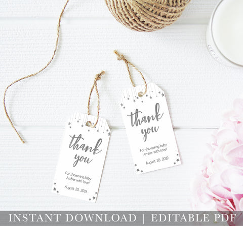 printable baby shower thank you tags, editable baby shower thank you tags, silver little star baby tags, fun baby shower tags