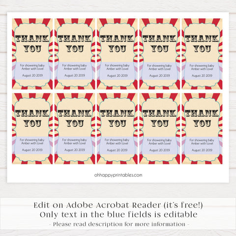 baby shower thank you tags, printable baby thanks you tags, editable baby thank you tags, circus baby shower tags, carnival baby shower thank you tags