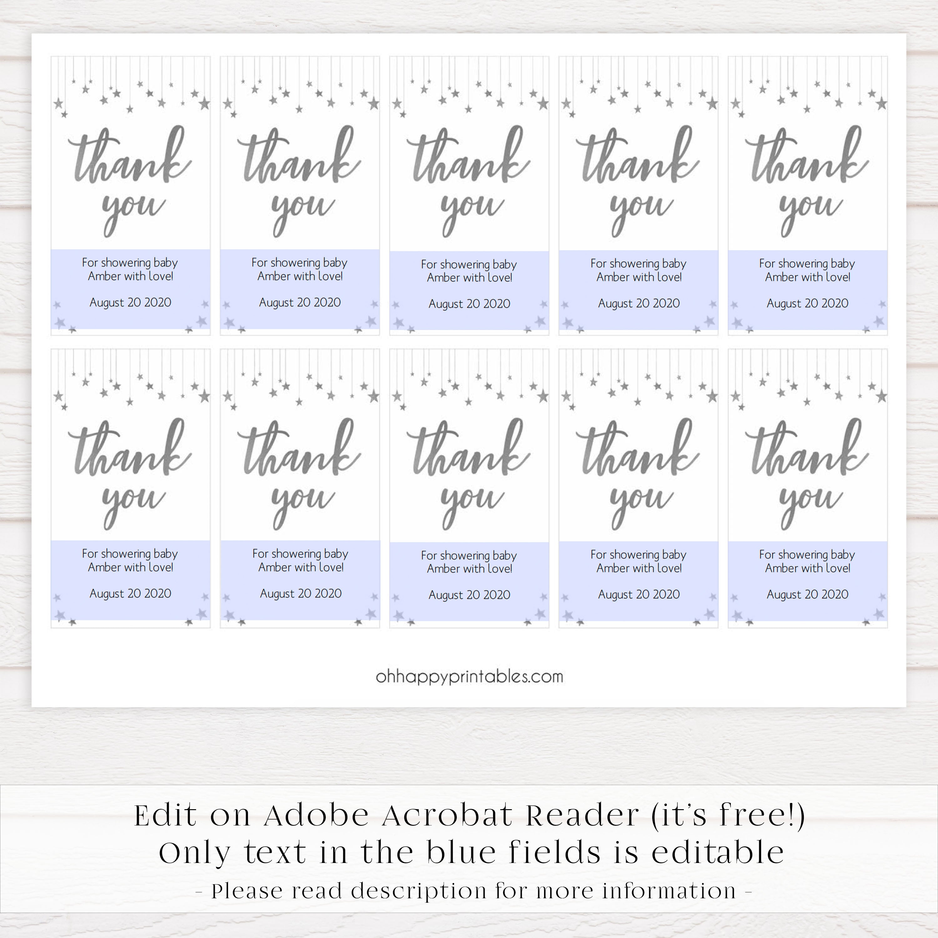 printable baby shower thank you tags, editable baby shower thank you tags, silver little star baby tags, fun baby shower tags