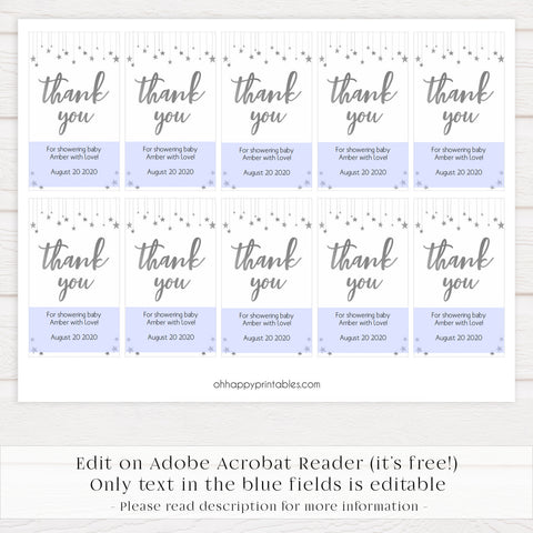 printable baby shower thank you tags, editable baby shower thank you tags, silver little star baby tags, fun baby shower tags