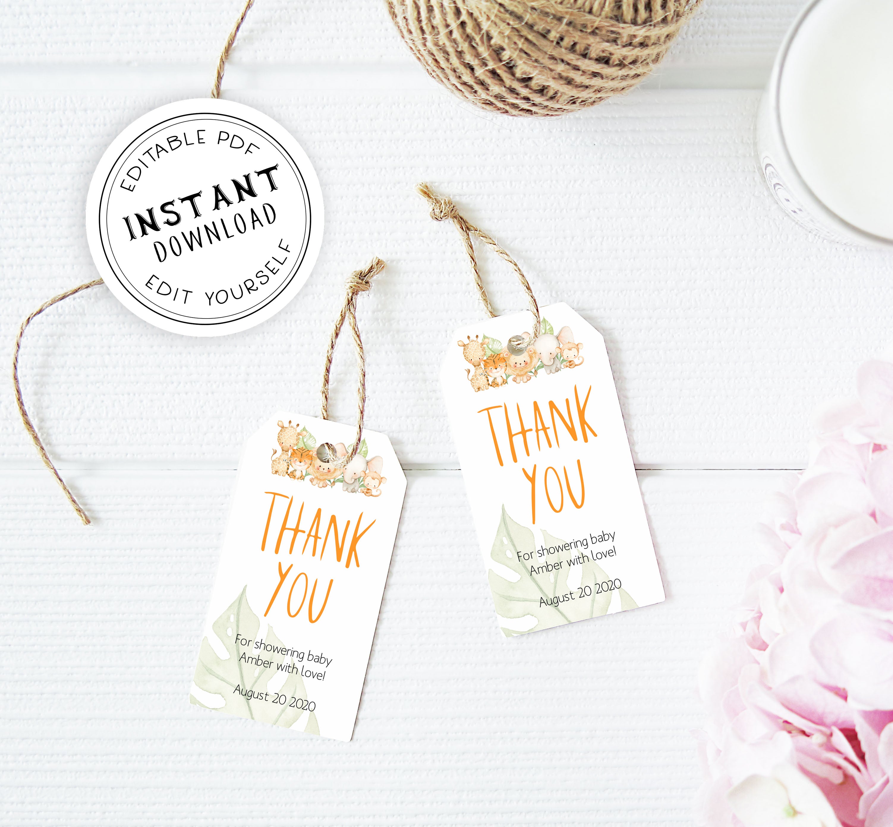 baby thank you tags, thank you tags, editable thank you tags, Safari animals baby decor, printable baby table signs, printable baby decor, baby safari animals table signs, fun baby signs, baby safari animals fun baby table signs