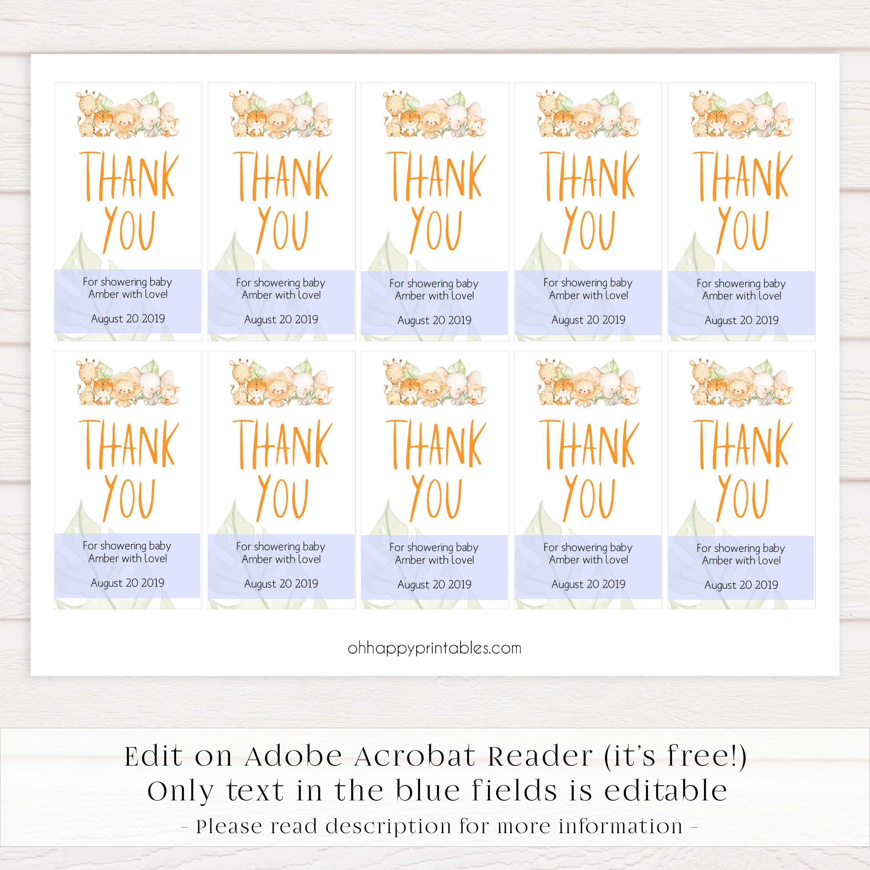 baby thank you tags, thank you tags, editable thank you tags, Safari animals baby decor, printable baby table signs, printable baby decor, baby safari animals table signs, fun baby signs, baby safari animals fun baby table signs