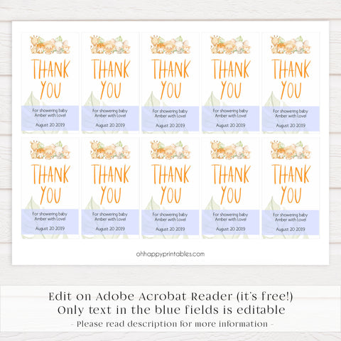 baby thank you tags, thank you tags, editable thank you tags, Safari animals baby decor, printable baby table signs, printable baby decor, baby safari animals table signs, fun baby signs, baby safari animals fun baby table signs