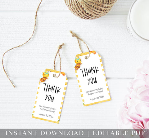 printable baby shower thank you tags, editable thank you tags, mommy to bee baby shower decor, mommy bee baby ideas, fun baby shower decor