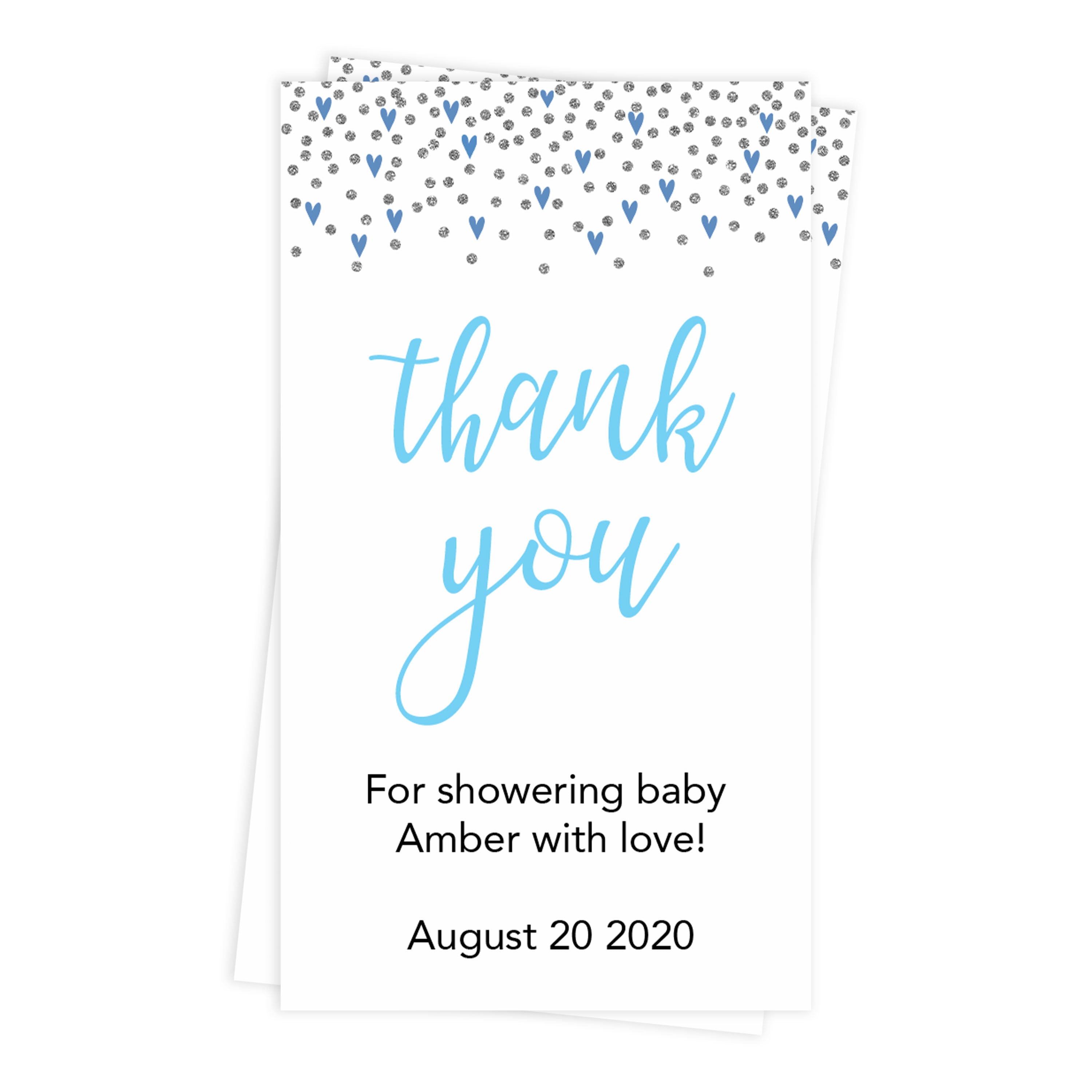 baby shower thank you tags, printable baby tags, blue hearts baby thank you tags, editable thank you tags