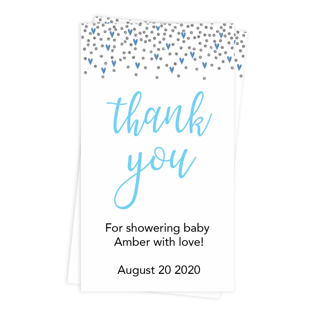 baby shower thank you tags, printable baby tags, blue hearts baby thank you tags, editable thank you tags