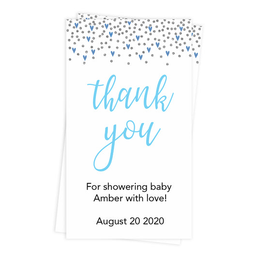 baby shower thank you tags, printable baby tags, blue hearts baby thank you tags, editable thank you tags