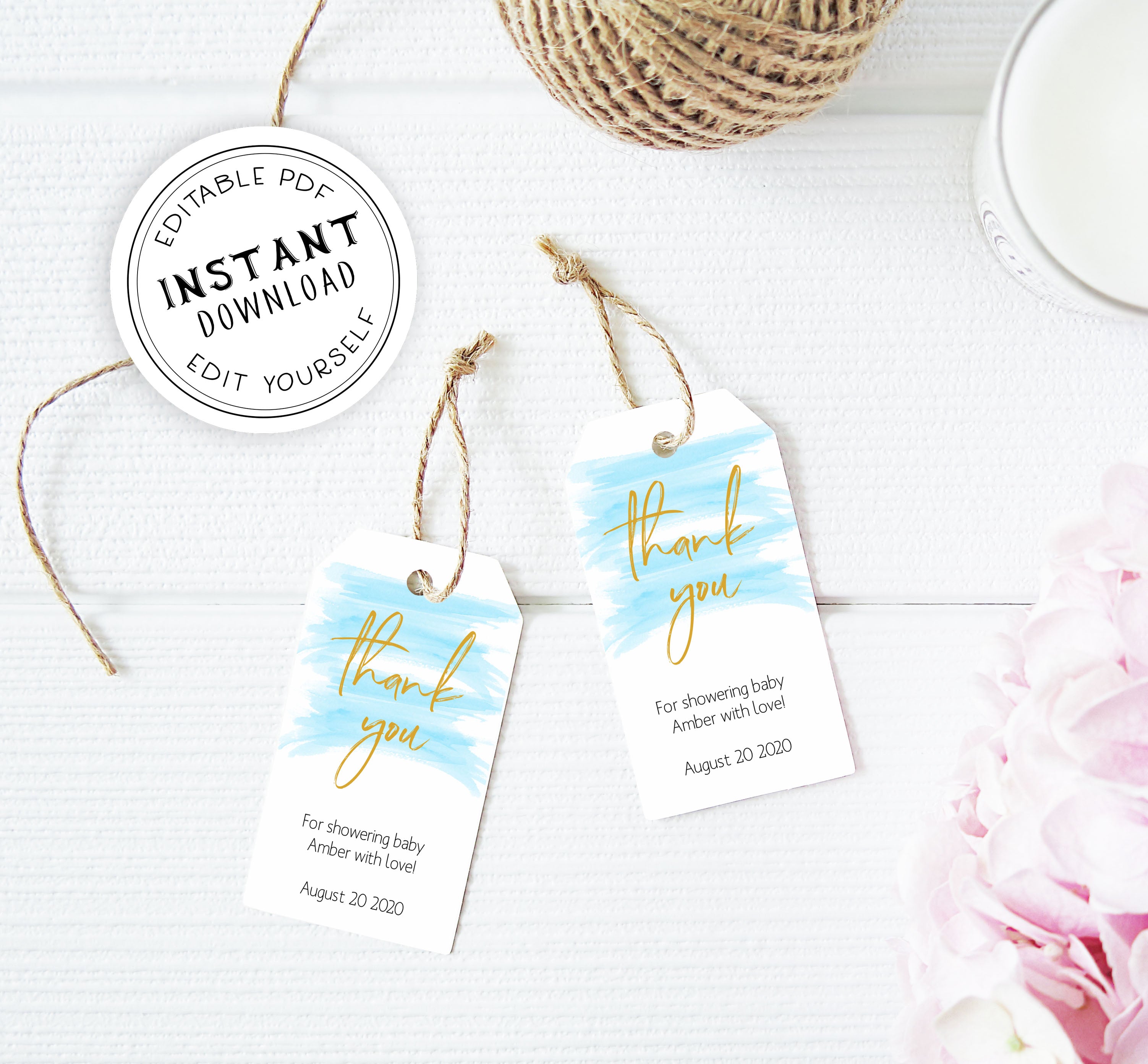 baby shower thank you tags, printable thank you tags, editable thank you tags, blue baby shower tags, blue baby shower decor, blue baby decor