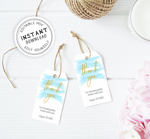 baby shower thank you tags, printable thank you tags, editable thank you tags, blue baby shower tags, blue baby shower decor, blue baby decor