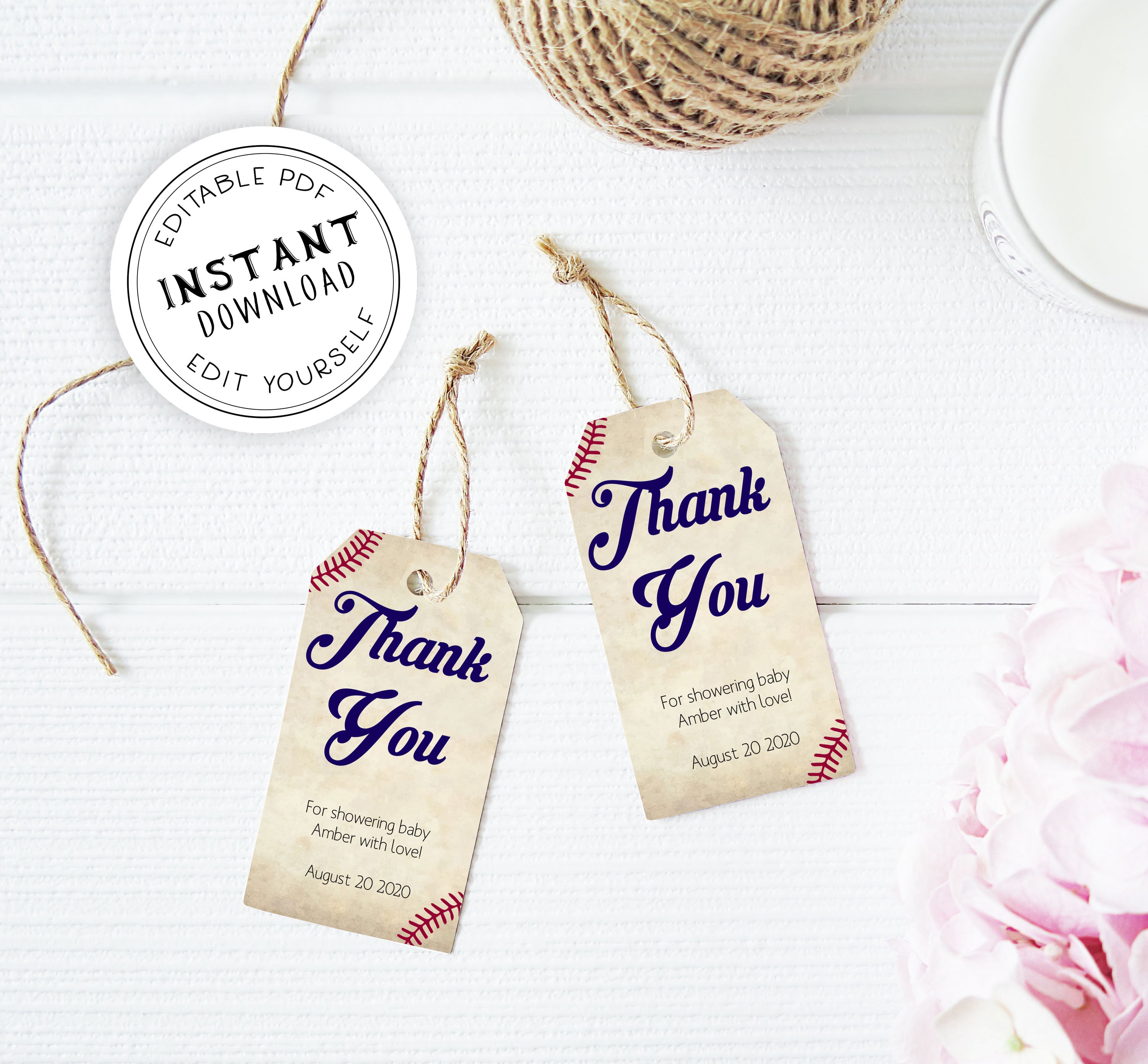 Baseball Baby shower thank you tags, editable baby thank you tags, printable baby shower thank you tags, baseball baby shower decor, fun baseball baby shower ideas