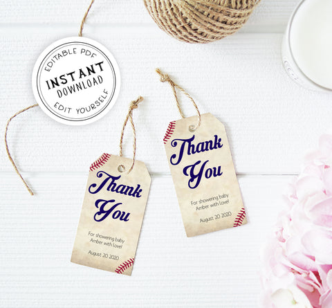 Baseball Baby shower thank you tags, editable baby thank you tags, printable baby shower thank you tags, baseball baby shower decor, fun baseball baby shower ideas