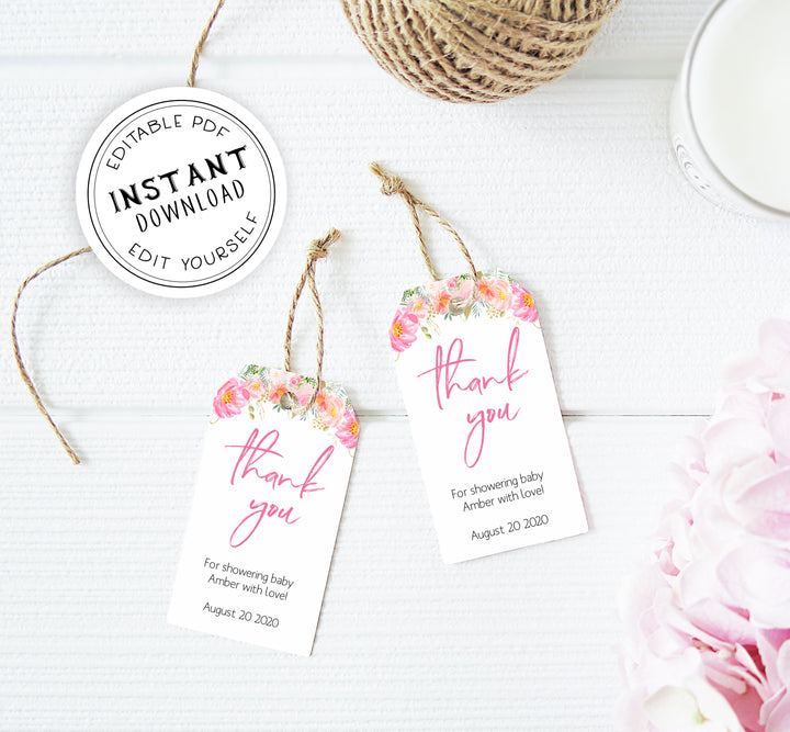 baby shower thank you tags, printable baby tags, editable thank you tags, floral baby shower, pink floral baby tags