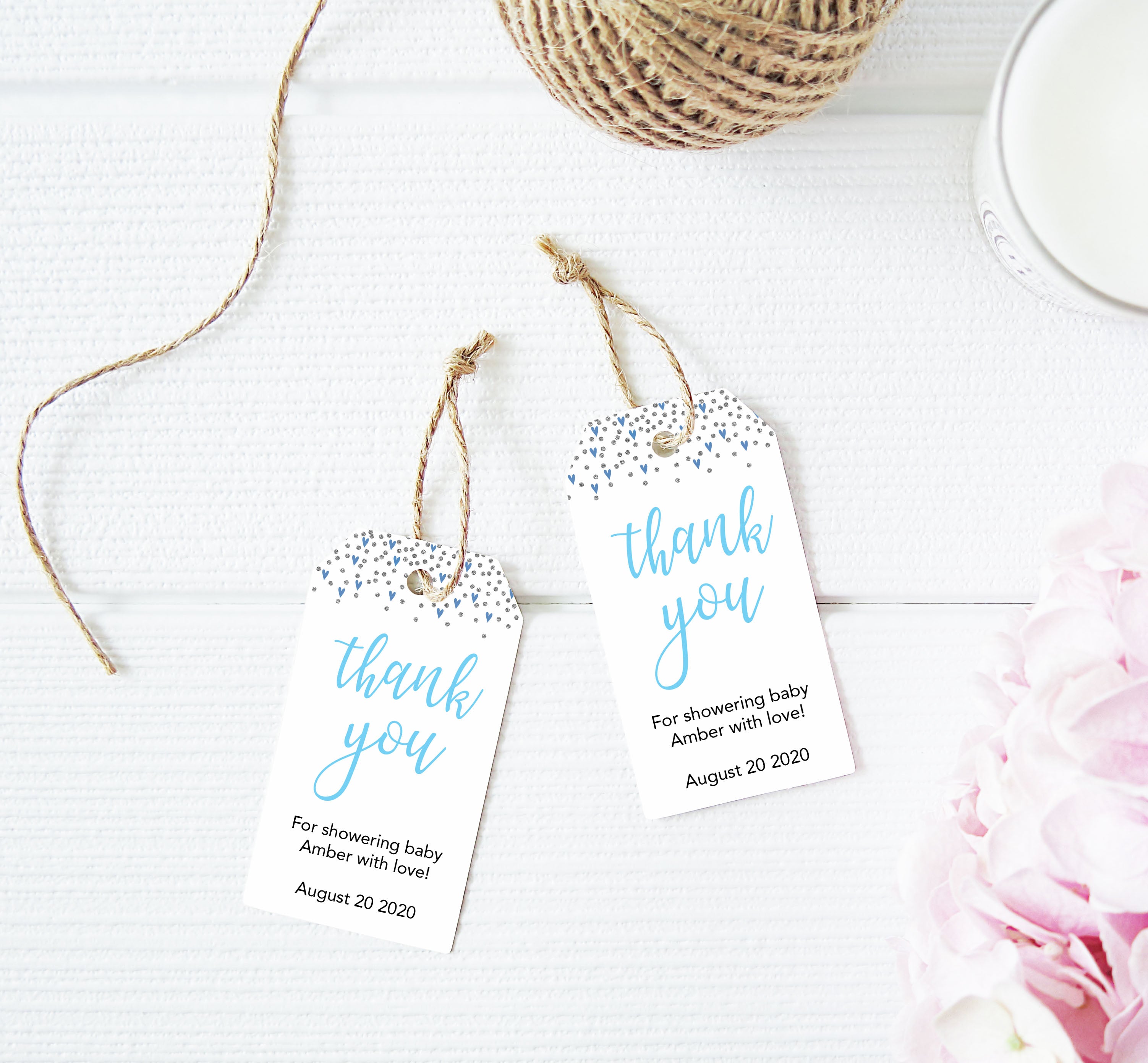 baby shower thank you tags, printable baby tags, blue hearts baby thank you tags, editable thank you tags