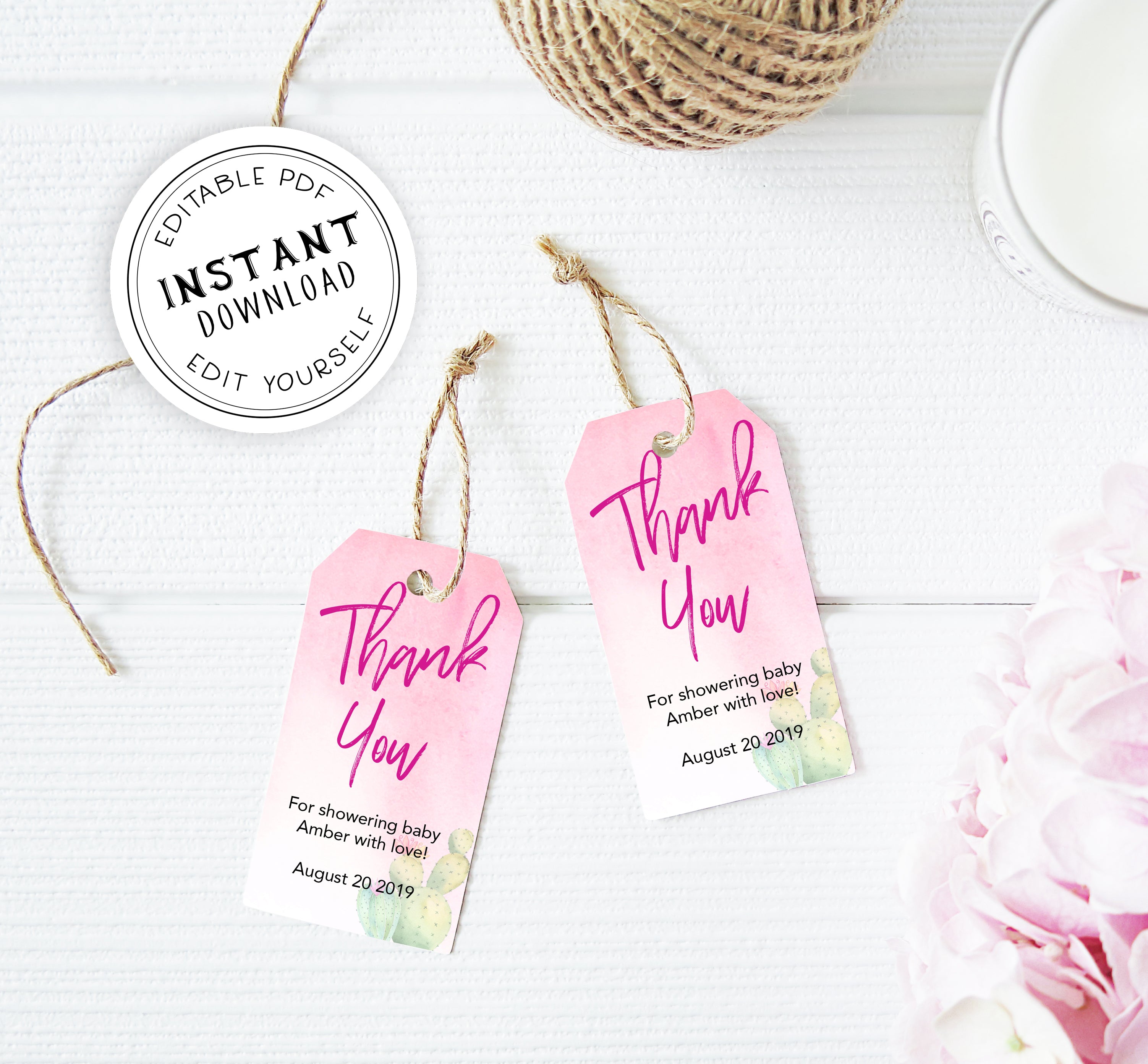 baby shower thank you tags, printable baby thank you tags, editable baby thank you tags, cactus baby thank you tags, baby fiesta thank you tags