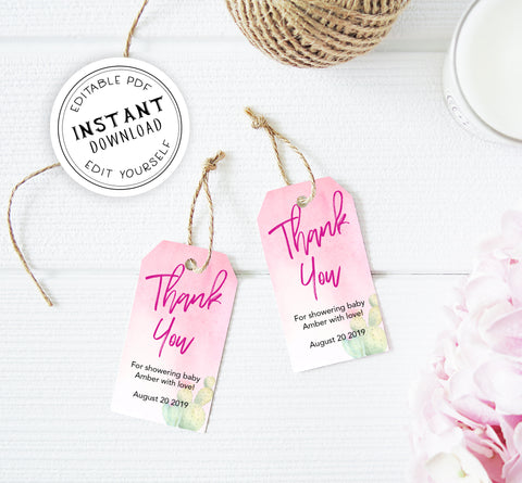 baby shower thank you tags, printable baby thank you tags, editable baby thank you tags, cactus baby thank you tags, baby fiesta thank you tags