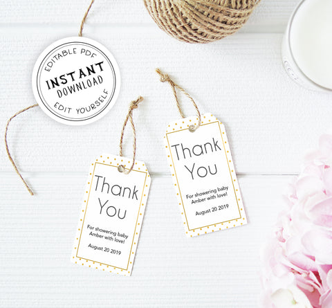 thank you tags, printable baby thank you tags, editable thank you tags, gold baby shower tags, gold baby shower ideas