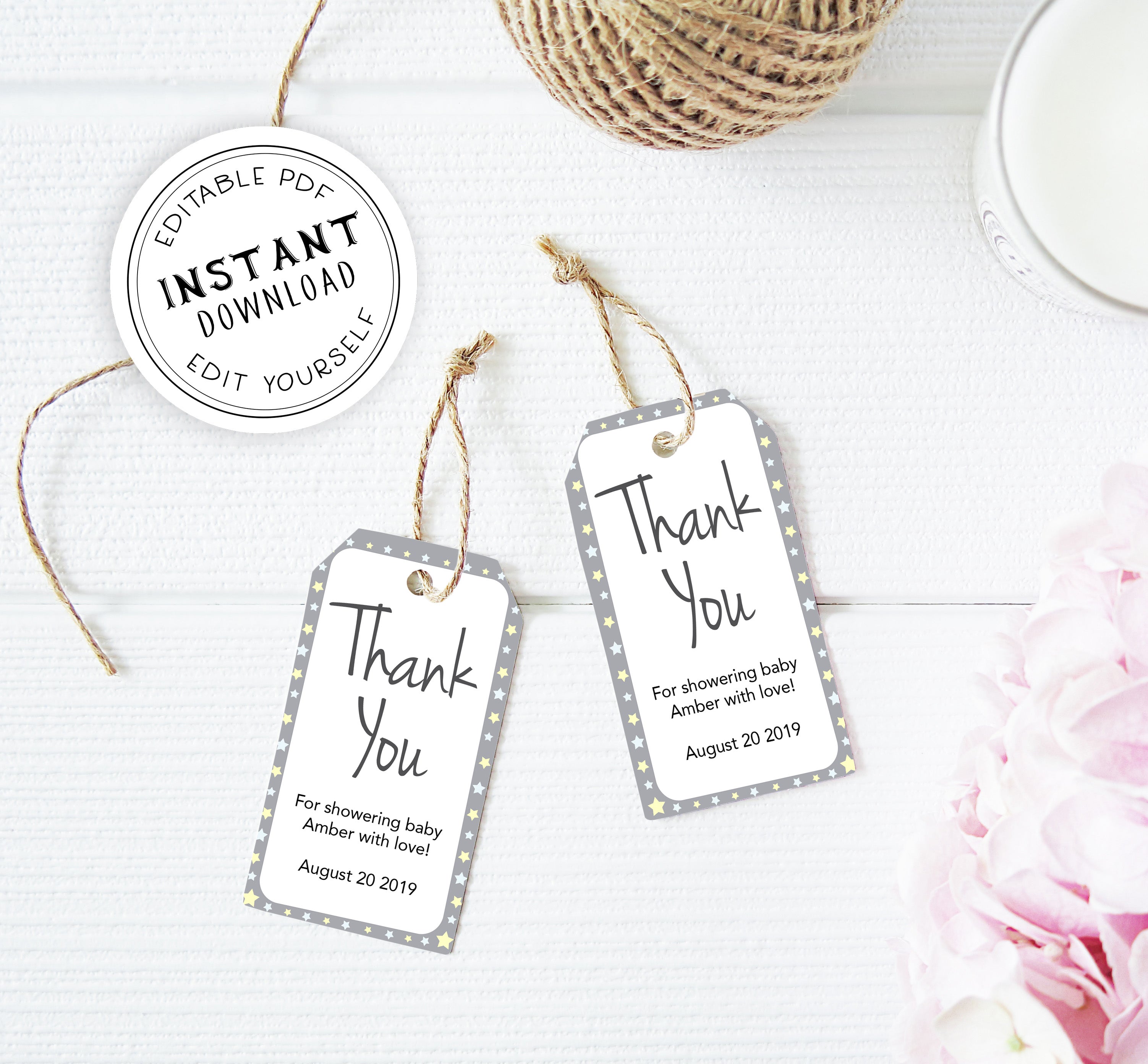 thank you baby tags, printable baby thank you tags, editable thank you tags, little star baby tags, stars baby shower decor, stars baby tags