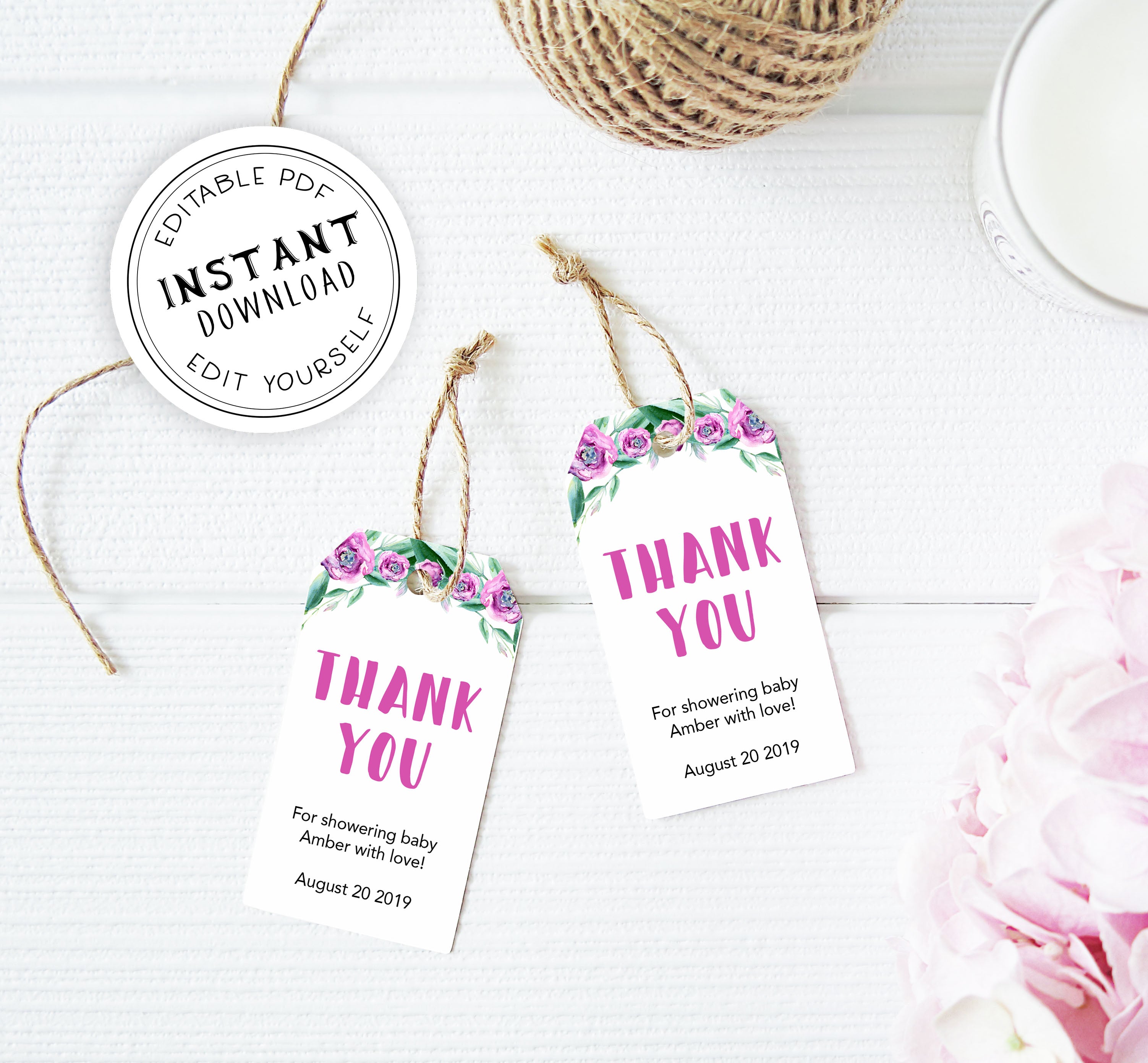 baby thank you tags, printable baby thank you tags, editable baby thank you tags, purple peonies baby thank you tags, baby thank you tag ideas