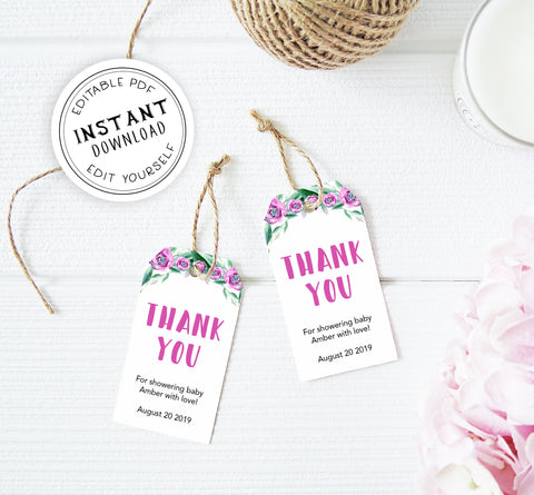 baby thank you tags, printable baby thank you tags, editable baby thank you tags, purple peonies baby thank you tags, baby thank you tag ideas