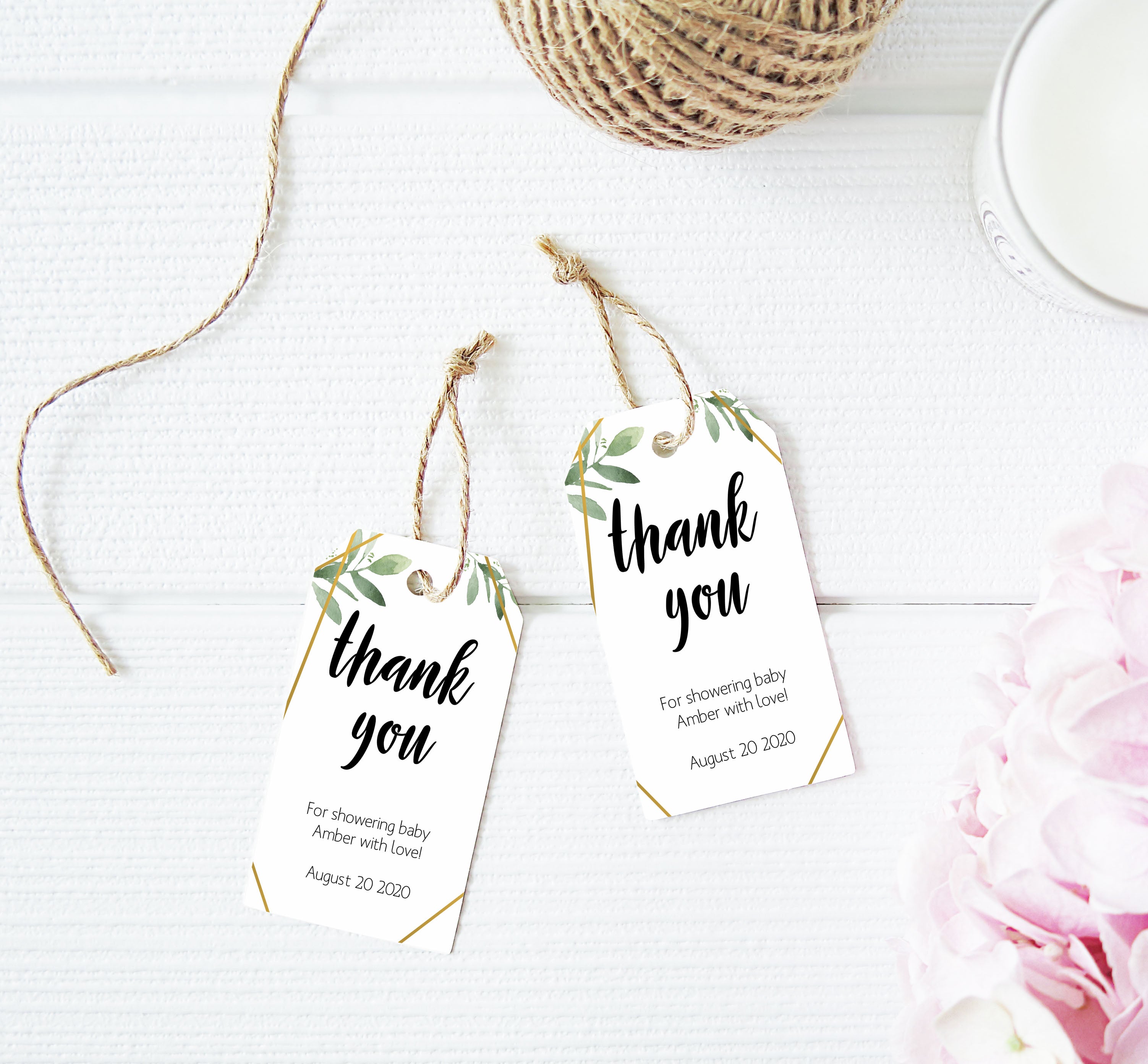 thank you baby tags, printable baby tags, editable baby thank you tags, gold geometric baby tags, greenery baby tags