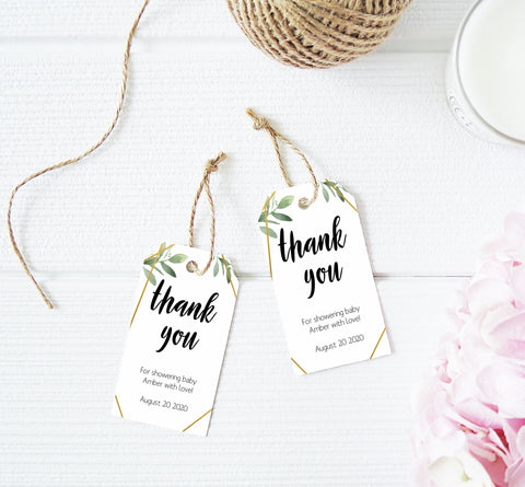 thank you baby tags, printable baby tags, editable baby thank you tags, gold geometric baby tags, greenery baby tags