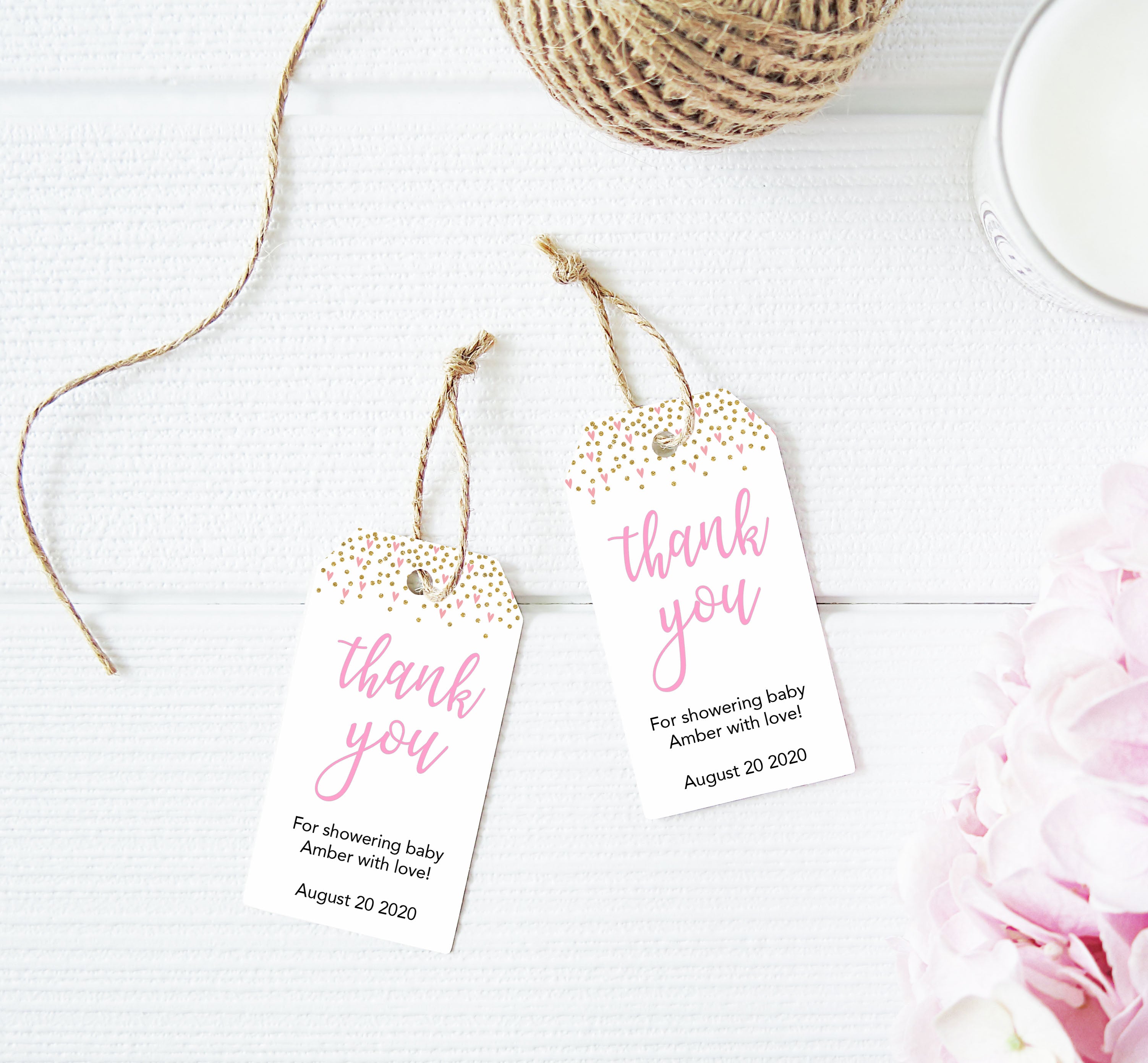 baby shower thank you tags, printable baby tags, pink hearts baby tags, editable baby tags, baby thank you tags