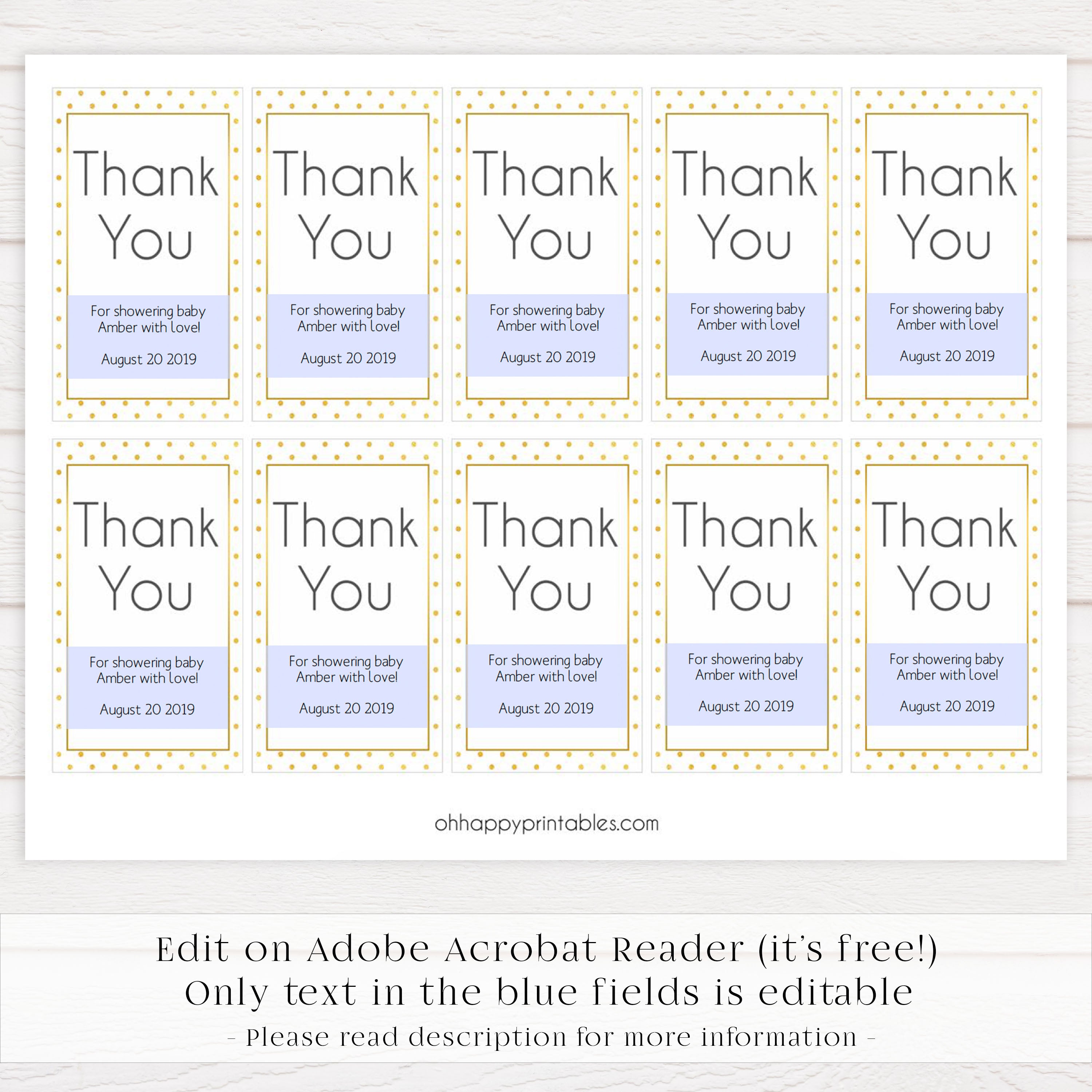 thank you tags, printable baby thank you tags, editable thank you tags, gold baby shower tags, gold baby shower ideas