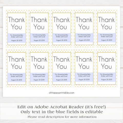 thank you tags, printable baby thank you tags, editable thank you tags, gold baby shower tags, gold baby shower ideas