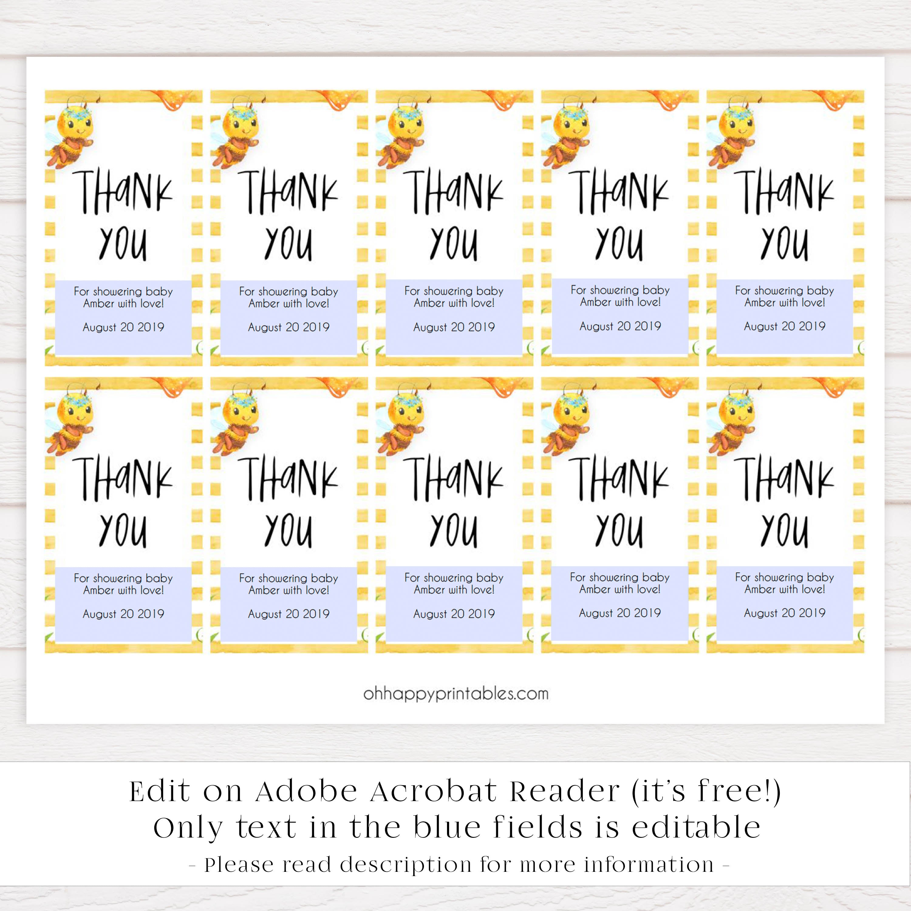 printable baby shower thank you tags, editable thank you tags, mommy to bee baby shower decor, mommy bee baby ideas, fun baby shower decor