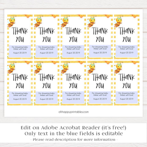 printable baby shower thank you tags, editable thank you tags, mommy to bee baby shower decor, mommy bee baby ideas, fun baby shower decor