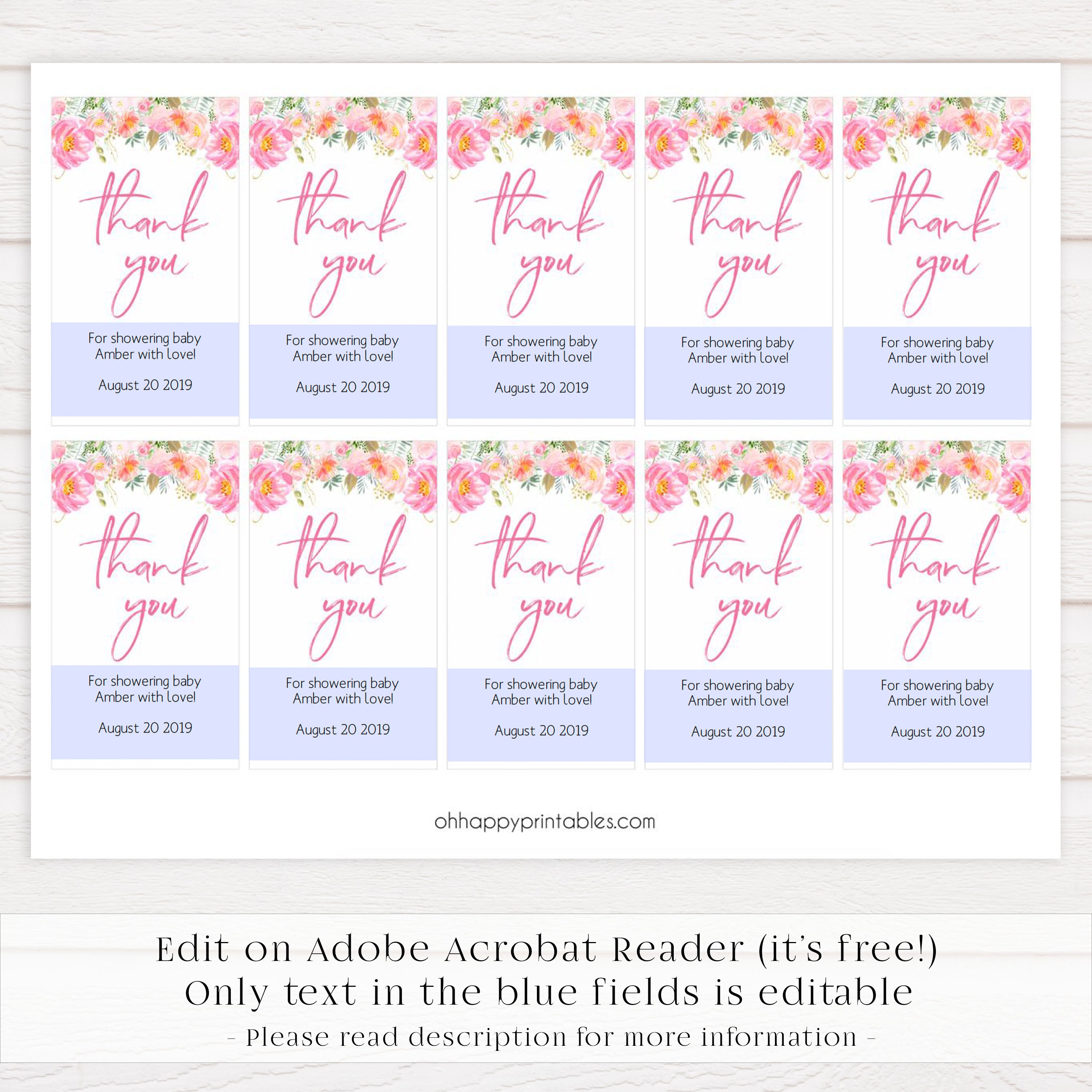 baby shower thank you tags, printable baby tags, editable thank you tags, floral baby shower, pink floral baby tags