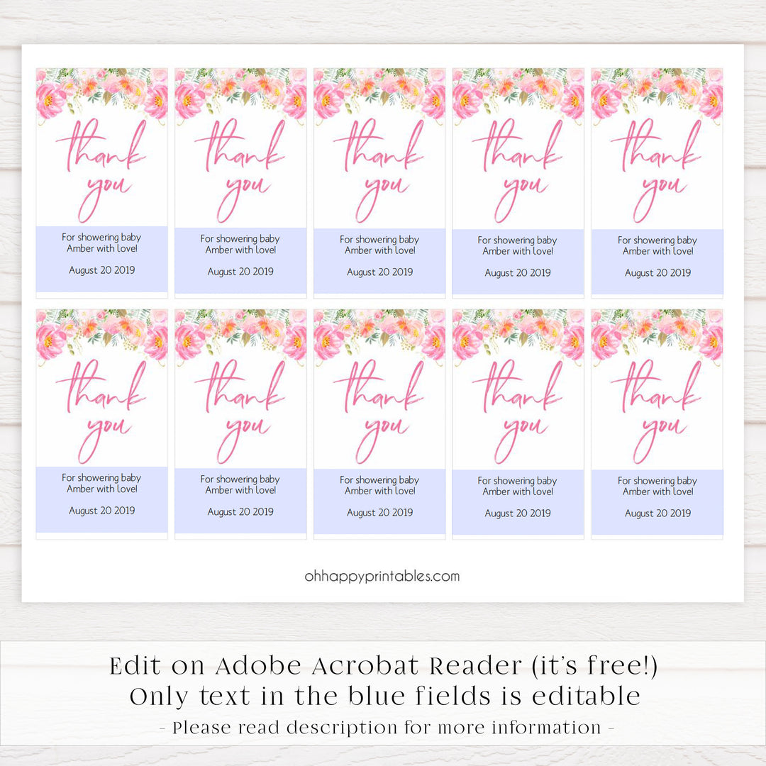 baby shower thank you tags, printable baby tags, editable thank you tags, floral baby shower, pink floral baby tags