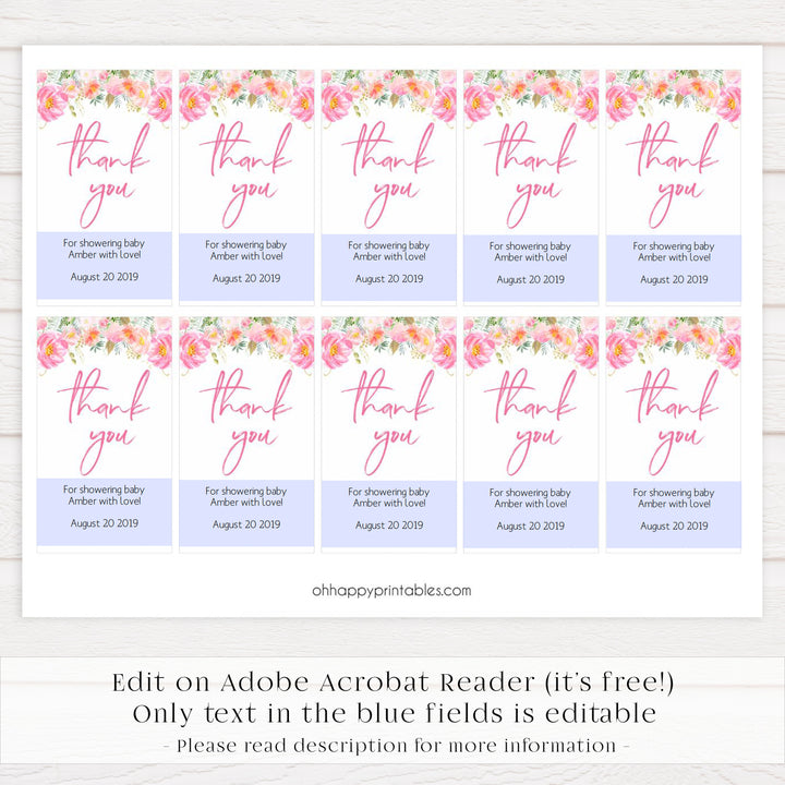 baby shower thank you tags, printable baby tags, editable thank you tags, floral baby shower, pink floral baby tags