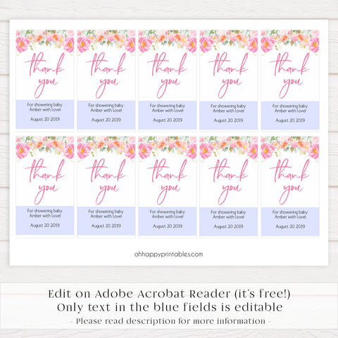 baby shower thank you tags, printable baby tags, editable thank you tags, floral baby shower, pink floral baby tags