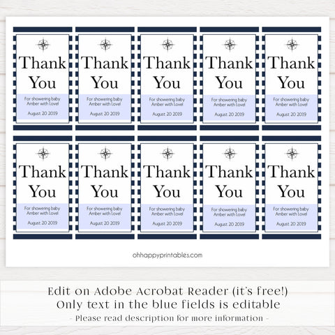 thank you baby shower tags, nautical baby shower tags, printable baby shower tags, editable baby tags, nautical baby shower ideas