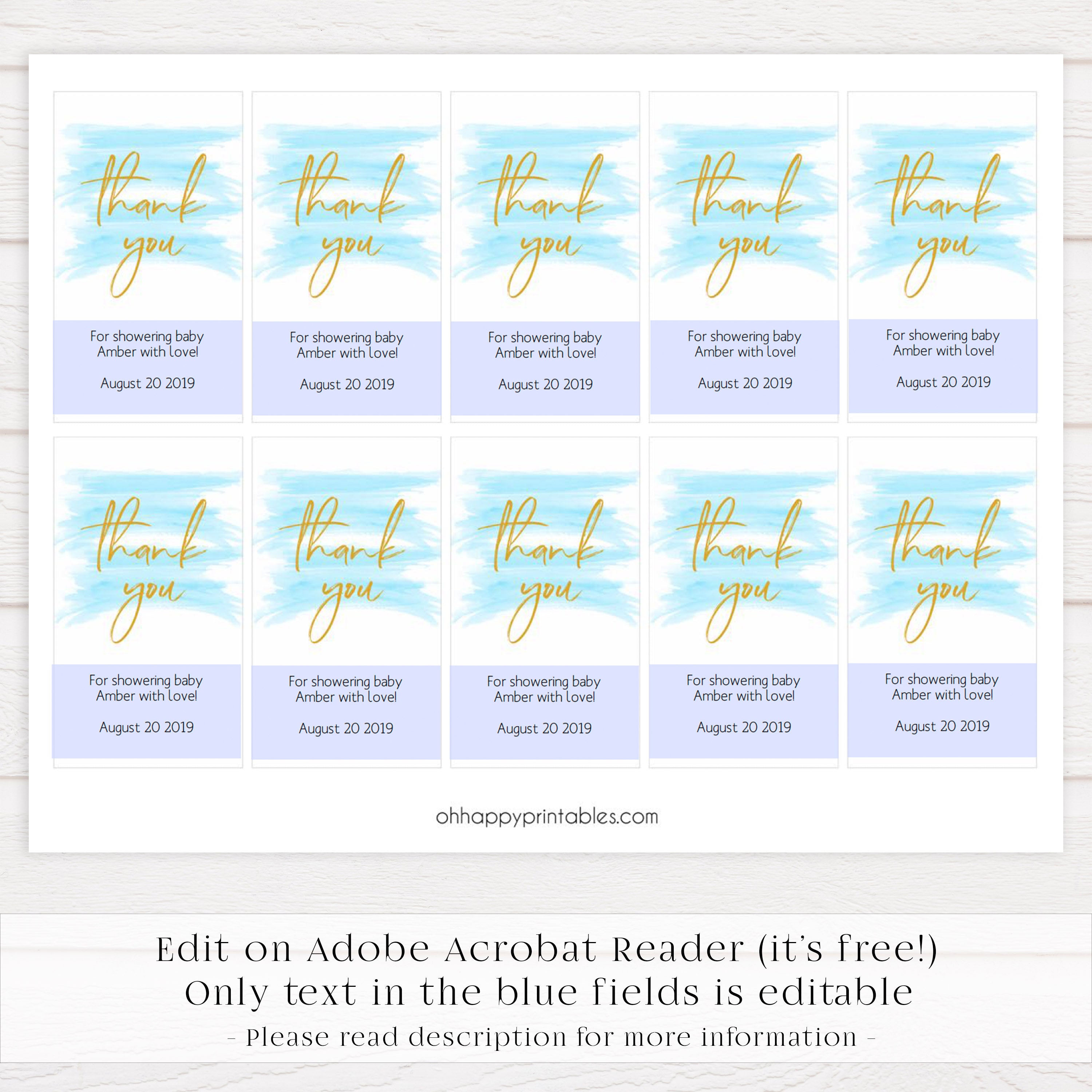 baby shower thank you tags, printable thank you tags, editable thank you tags, blue baby shower tags, blue baby shower decor, blue baby decor