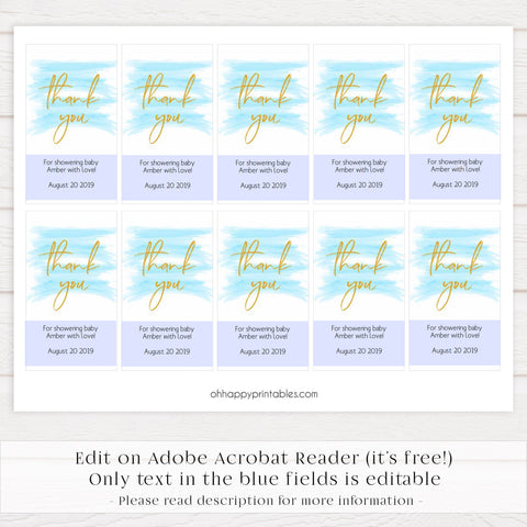 baby shower thank you tags, printable thank you tags, editable thank you tags, blue baby shower tags, blue baby shower decor, blue baby decor