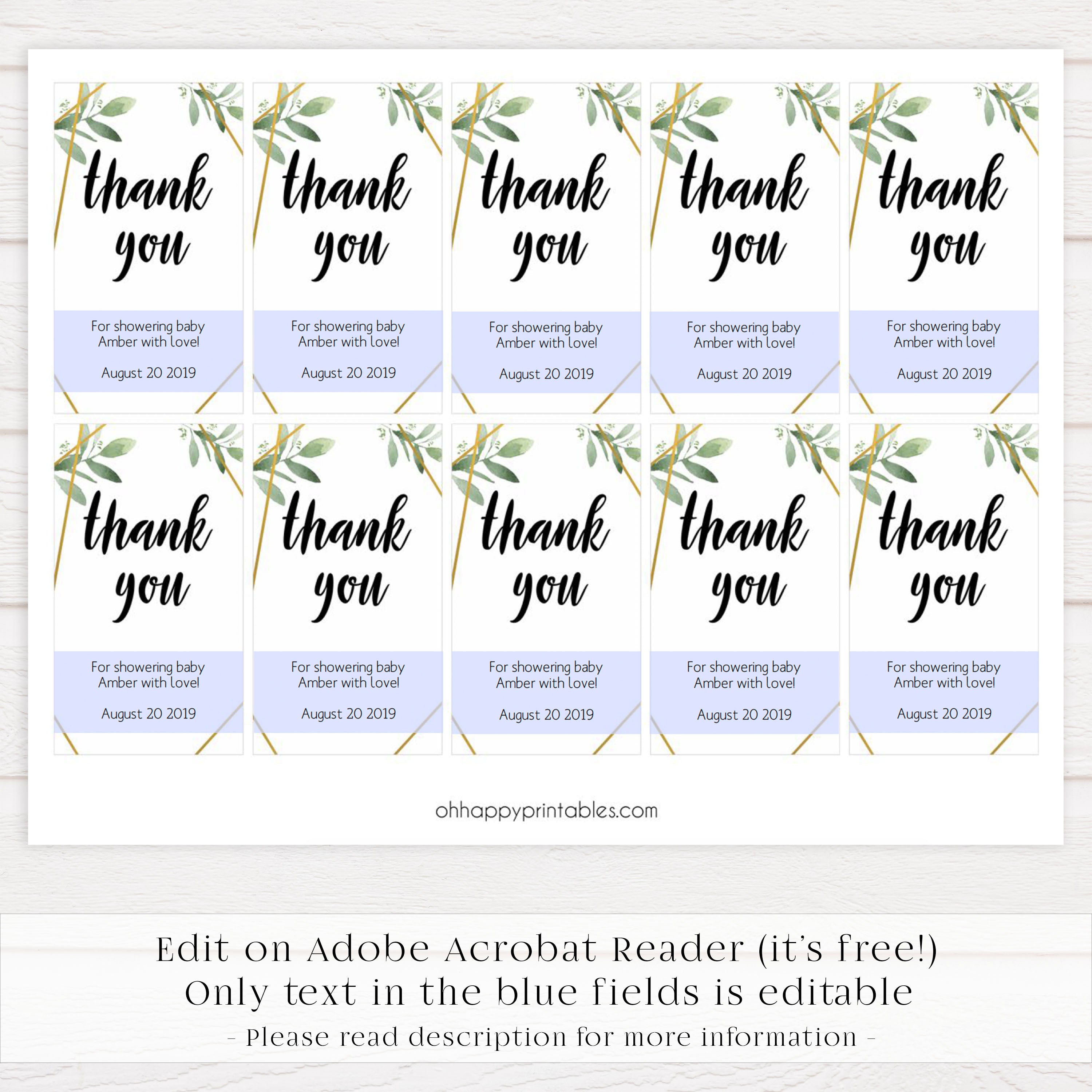 thank you baby tags, printable baby tags, editable baby thank you tags, gold geometric baby tags, greenery baby tags