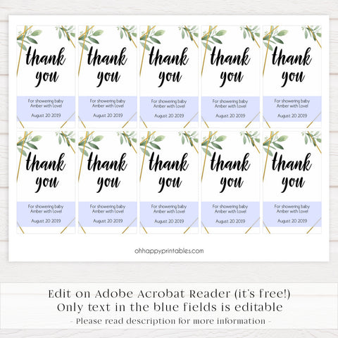 thank you baby tags, printable baby tags, editable baby thank you tags, gold geometric baby tags, greenery baby tags
