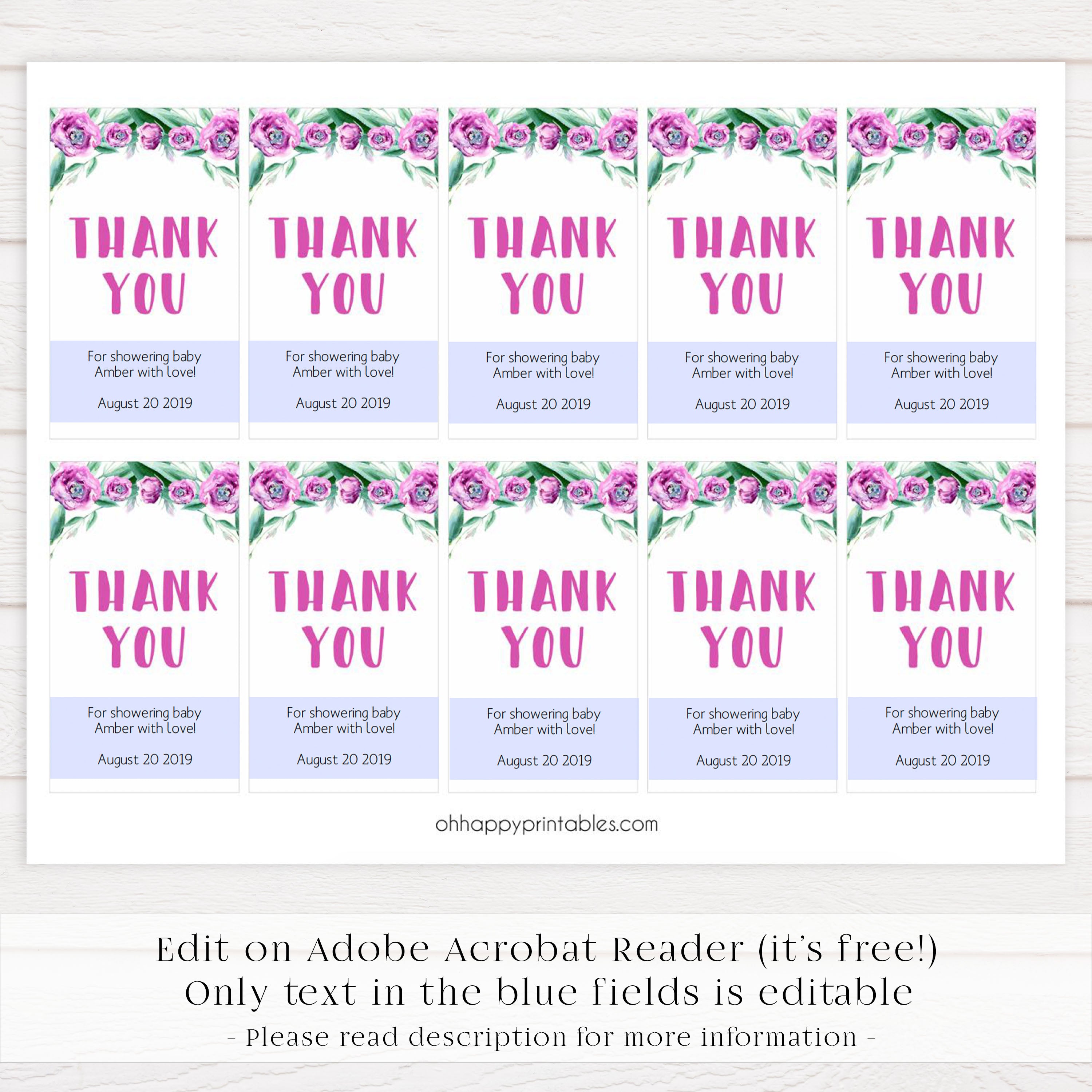 baby thank you tags, printable baby thank you tags, editable baby thank you tags, purple peonies baby thank you tags, baby thank you tag ideas