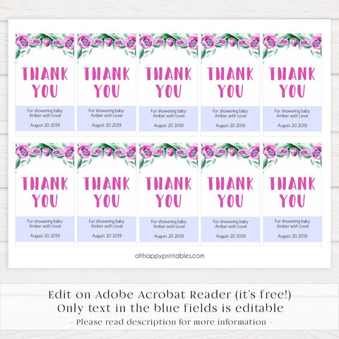 baby thank you tags, printable baby thank you tags, editable baby thank you tags, purple peonies baby thank you tags, baby thank you tag ideas