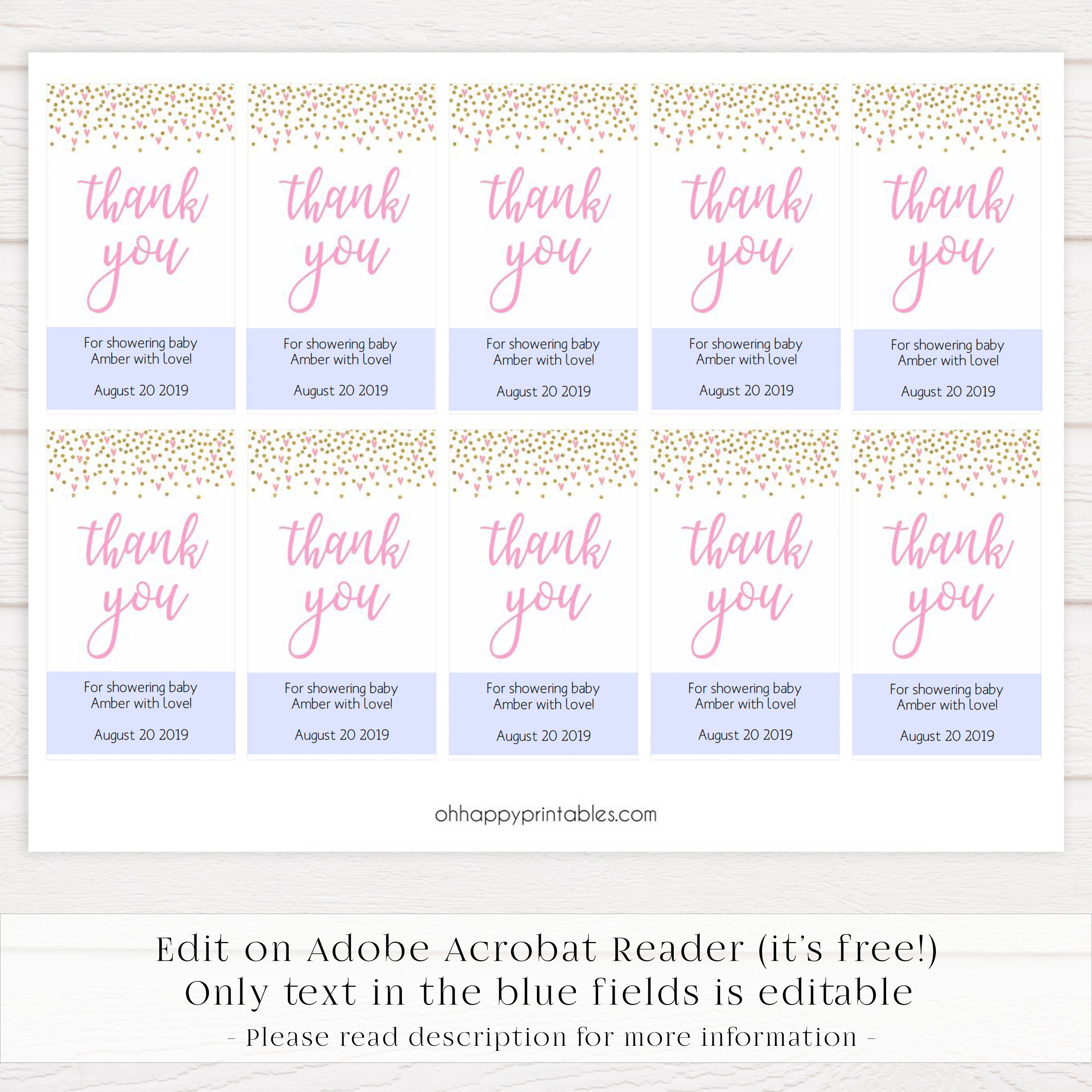 baby shower thank you tags, printable baby tags, pink hearts baby tags, editable baby tags, baby thank you tags